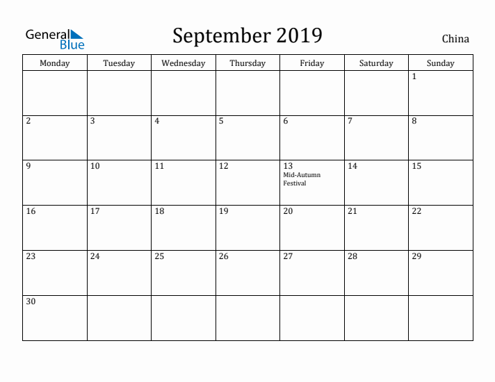 September 2019 Calendar China