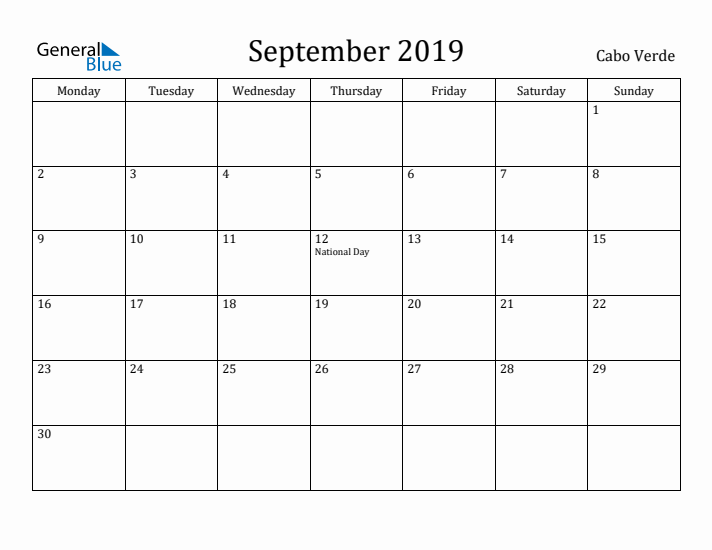 September 2019 Calendar Cabo Verde