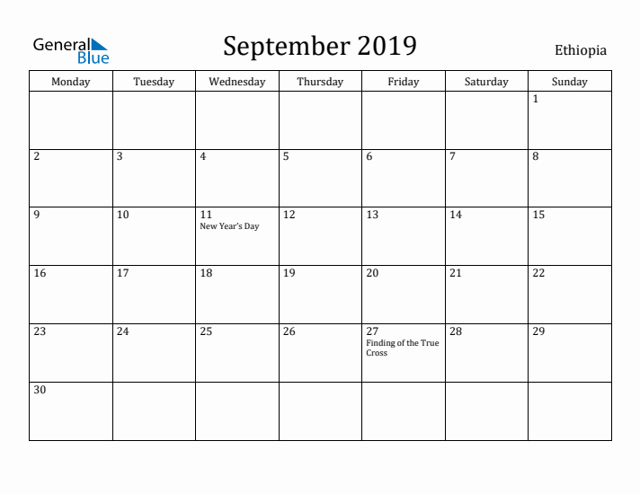 September 2019 Calendar Ethiopia