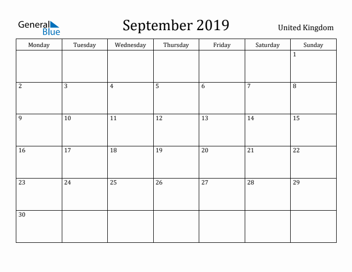 September 2019 Calendar United Kingdom