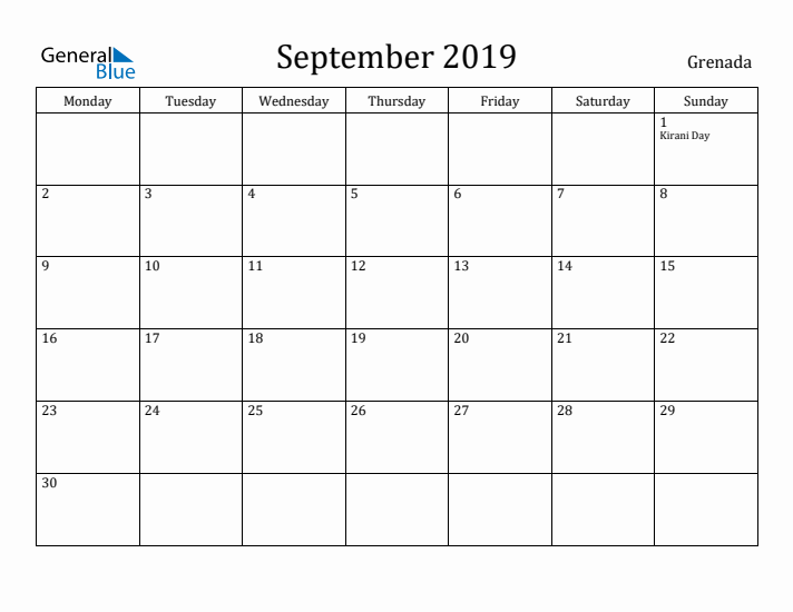 September 2019 Calendar Grenada