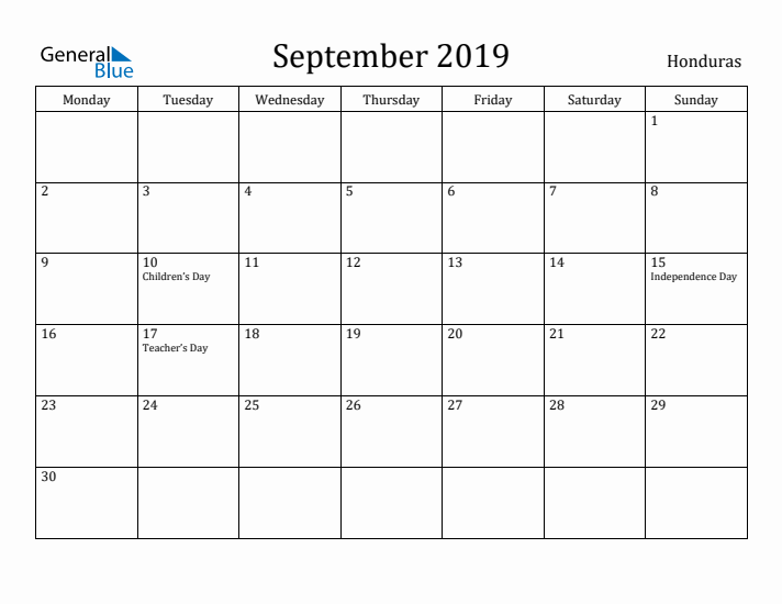 September 2019 Calendar Honduras