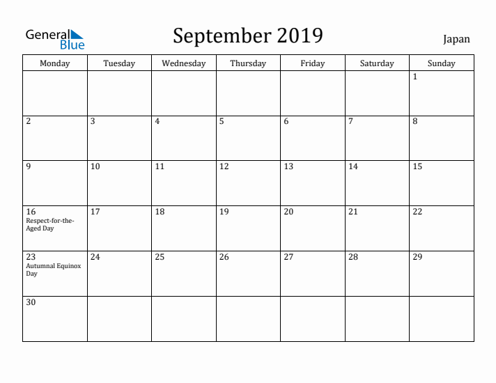 September 2019 Calendar Japan