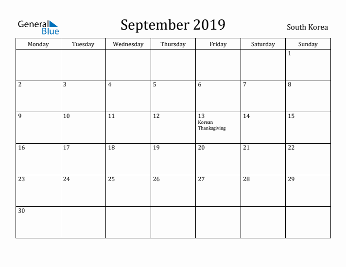 September 2019 Calendar South Korea