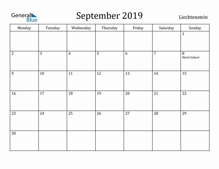 September 2019 Calendar Liechtenstein