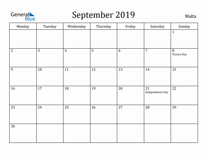 September 2019 Calendar Malta