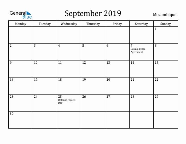 September 2019 Calendar Mozambique