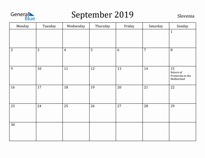 September 2019 Calendar Slovenia