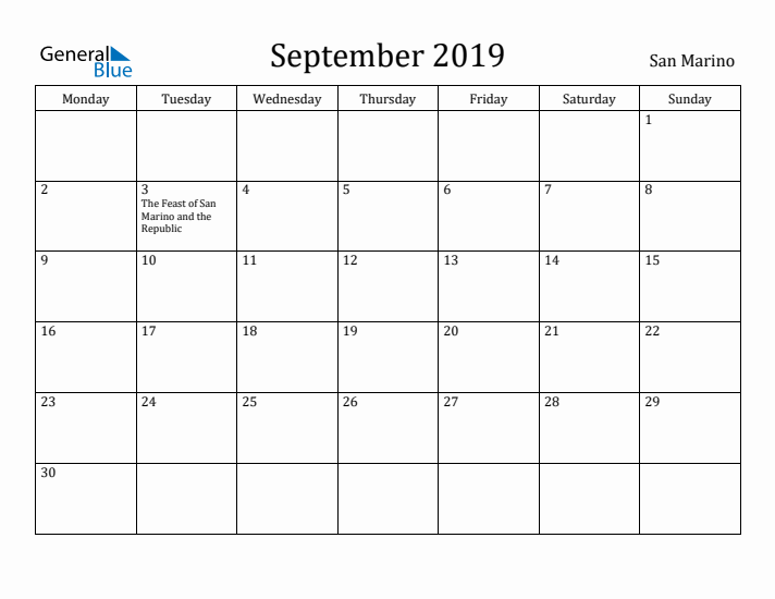September 2019 Calendar San Marino