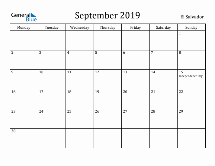 September 2019 Calendar El Salvador