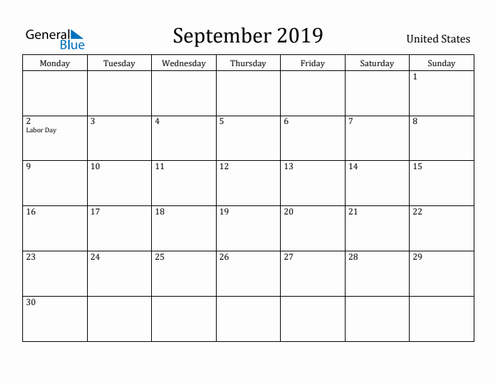 September 2019 Calendar United States