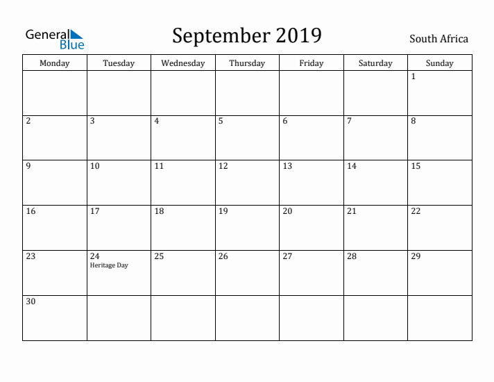 September 2019 Calendar South Africa