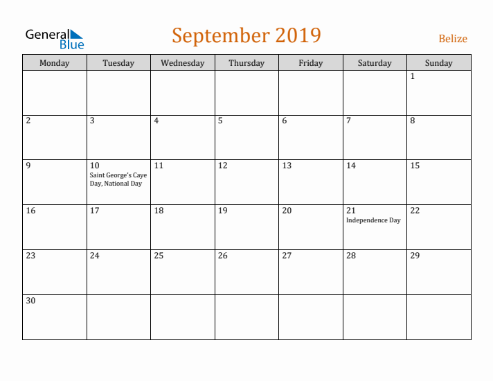 September 2019 Holiday Calendar with Monday Start