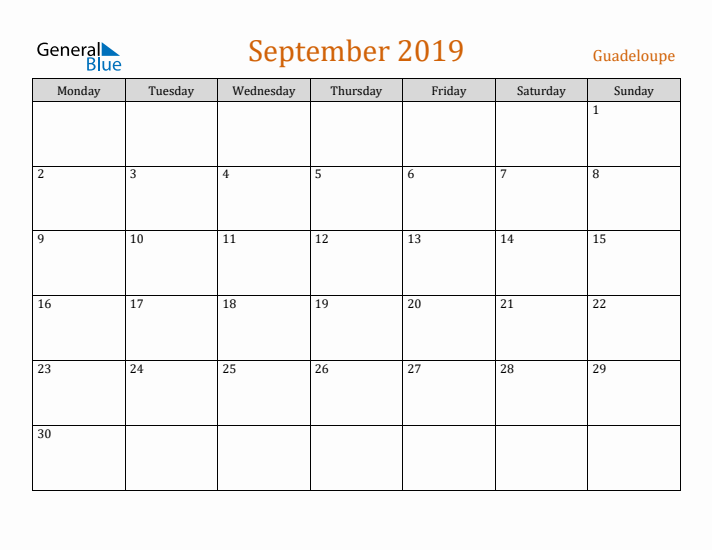 September 2019 Holiday Calendar with Monday Start