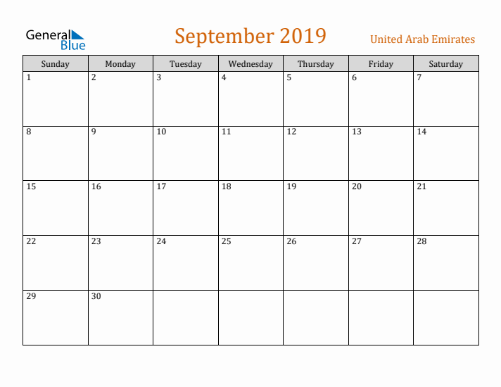 September 2019 Holiday Calendar with Sunday Start
