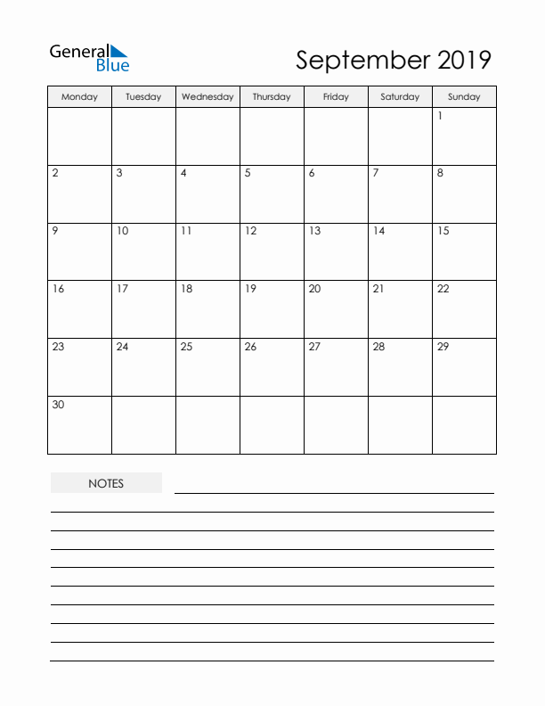 Printable Calendar with Notes - September 2019 