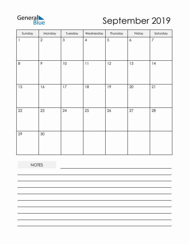 Printable Calendar with Notes - September 2019 