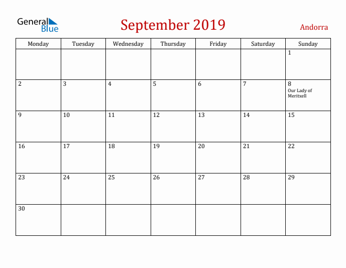 Andorra September 2019 Calendar - Monday Start