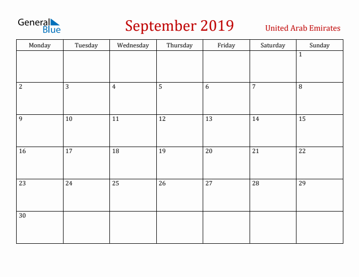 United Arab Emirates September 2019 Calendar - Monday Start