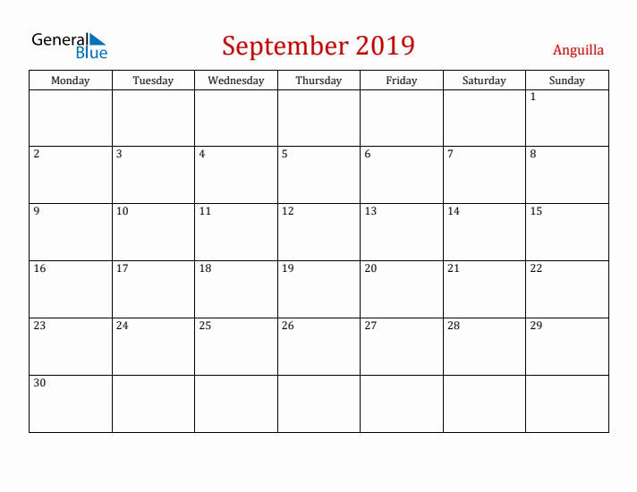 Anguilla September 2019 Calendar - Monday Start