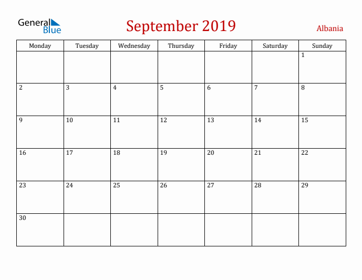 Albania September 2019 Calendar - Monday Start