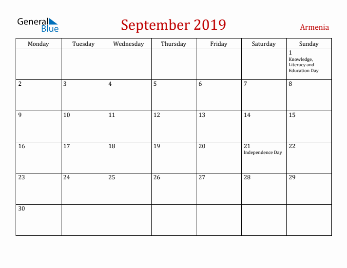 Armenia September 2019 Calendar - Monday Start