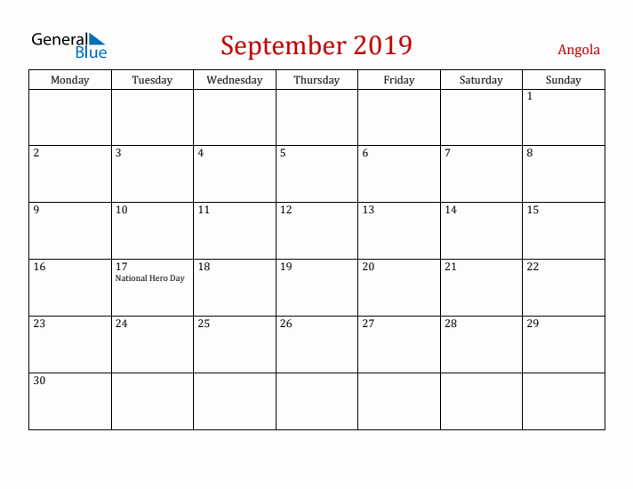 Angola September 2019 Calendar - Monday Start