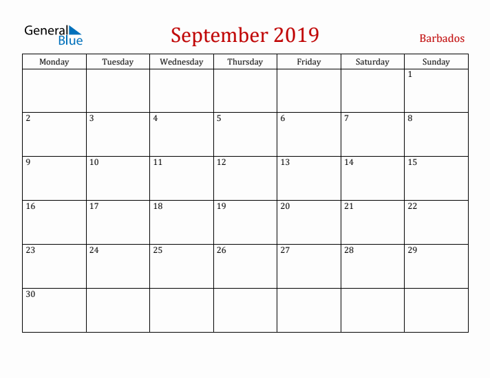 Barbados September 2019 Calendar - Monday Start