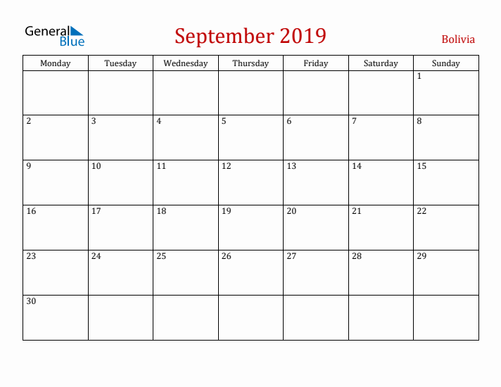 Bolivia September 2019 Calendar - Monday Start
