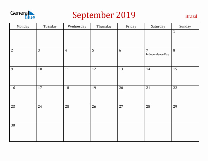 Brazil September 2019 Calendar - Monday Start