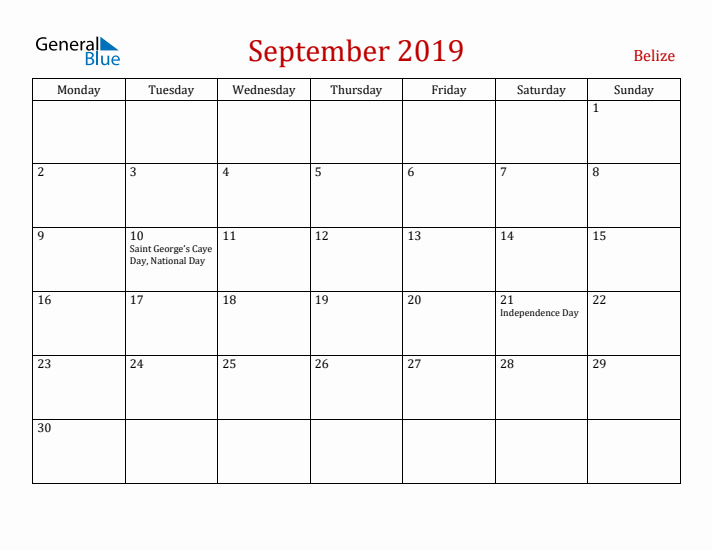 Belize September 2019 Calendar - Monday Start