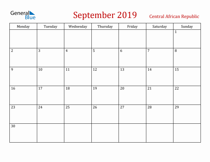 Central African Republic September 2019 Calendar - Monday Start