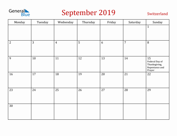 Switzerland September 2019 Calendar - Monday Start