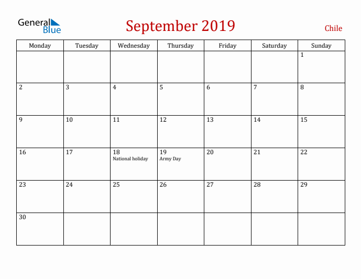 Chile September 2019 Calendar - Monday Start