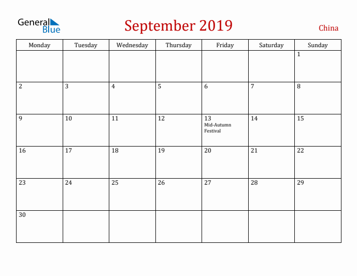 China September 2019 Calendar - Monday Start