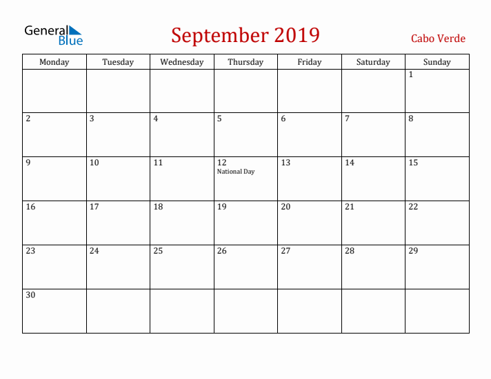 Cabo Verde September 2019 Calendar - Monday Start