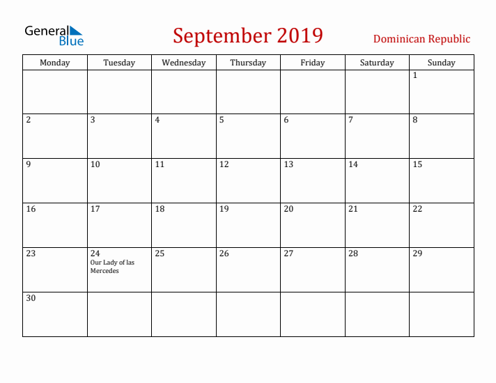 Dominican Republic September 2019 Calendar - Monday Start