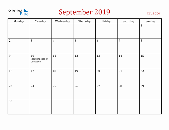 Ecuador September 2019 Calendar - Monday Start