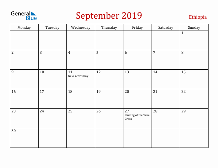 Ethiopia September 2019 Calendar - Monday Start