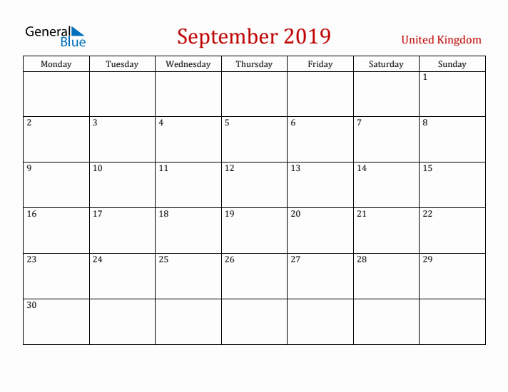 United Kingdom September 2019 Calendar - Monday Start