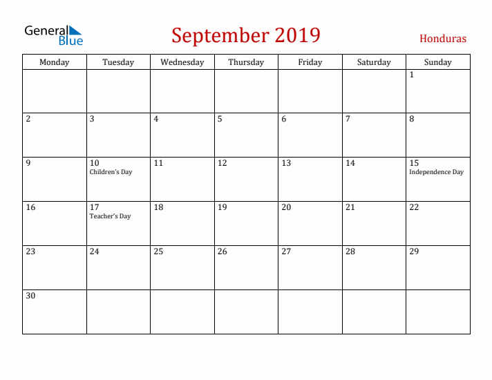 Honduras September 2019 Calendar - Monday Start