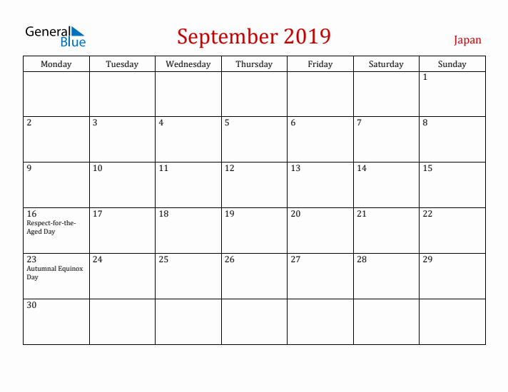 Japan September 2019 Calendar - Monday Start