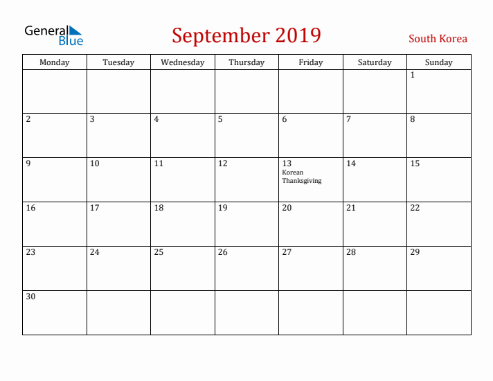 South Korea September 2019 Calendar - Monday Start