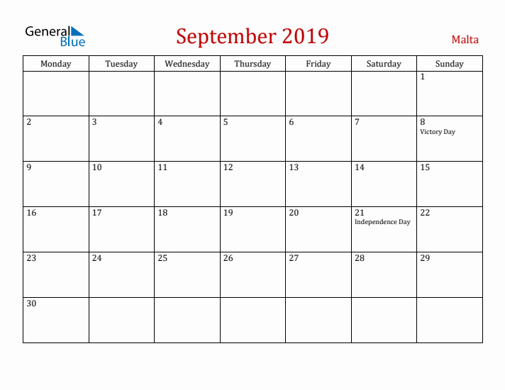 Malta September 2019 Calendar - Monday Start