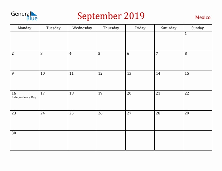 Mexico September 2019 Calendar - Monday Start