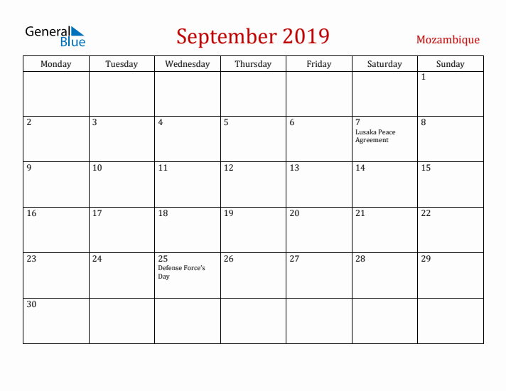 Mozambique September 2019 Calendar - Monday Start