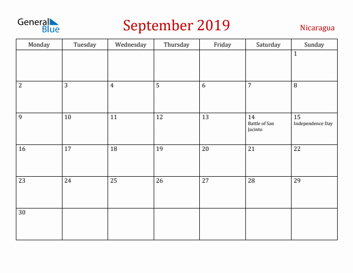 Nicaragua September 2019 Calendar - Monday Start