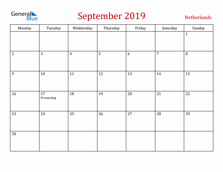 The Netherlands September 2019 Calendar - Monday Start