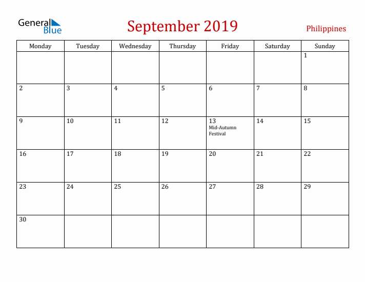 Philippines September 2019 Calendar - Monday Start
