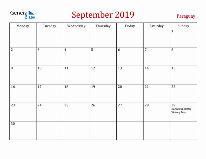 Paraguay September 2019 Calendar - Monday Start